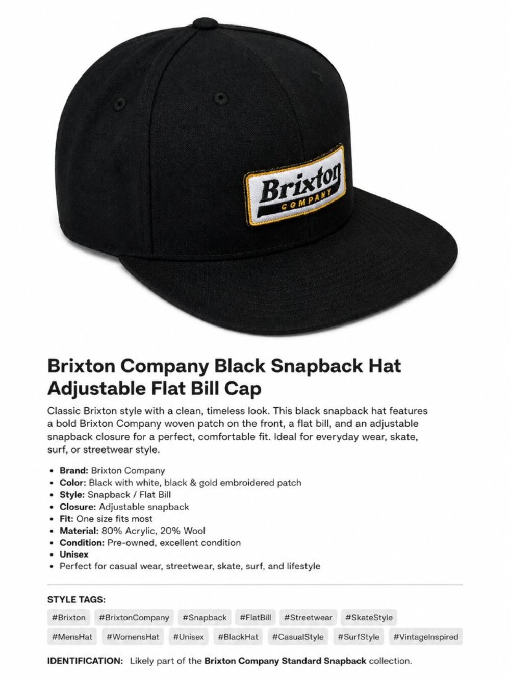 Brixton Company Black Snapback Hat Flat Bill Adjustable Cap Streetwear